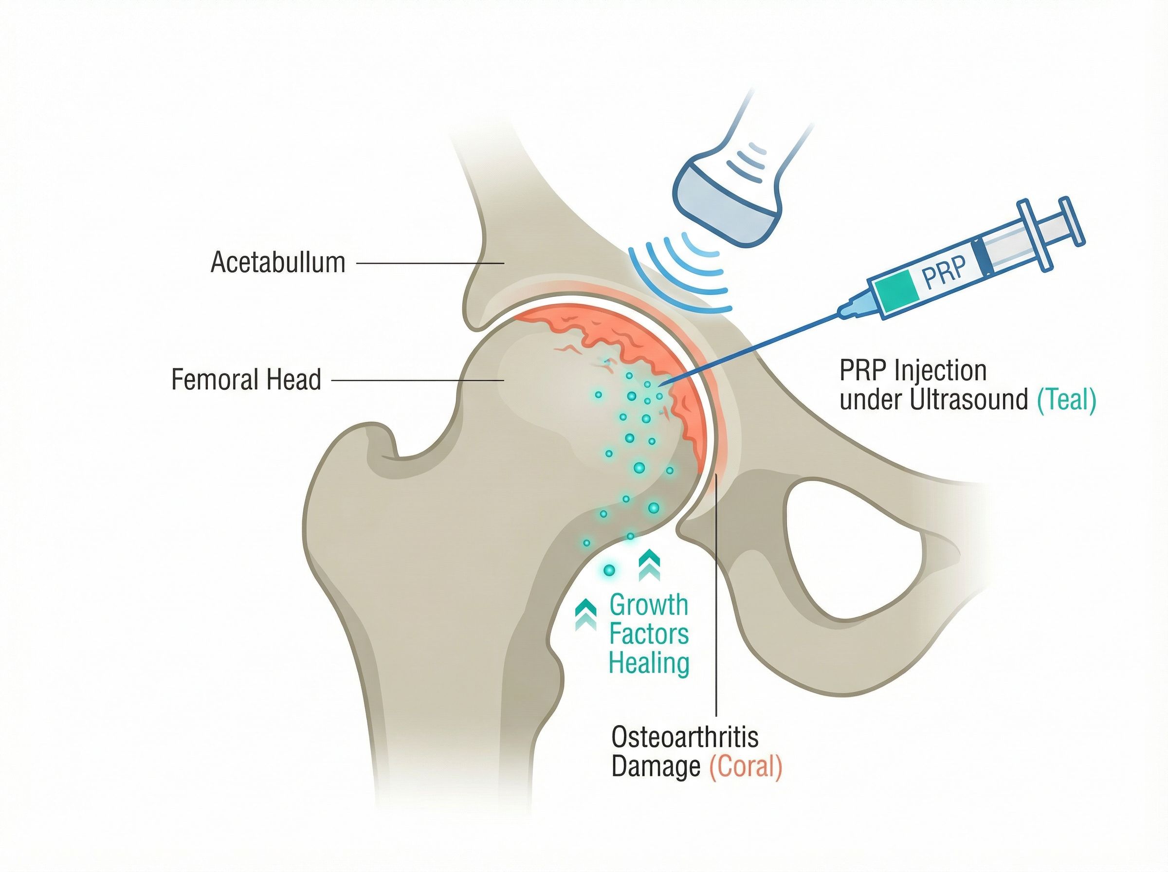 PRP growth factors reduce inflammation and stimulate cartilage repair in the hip joint.
