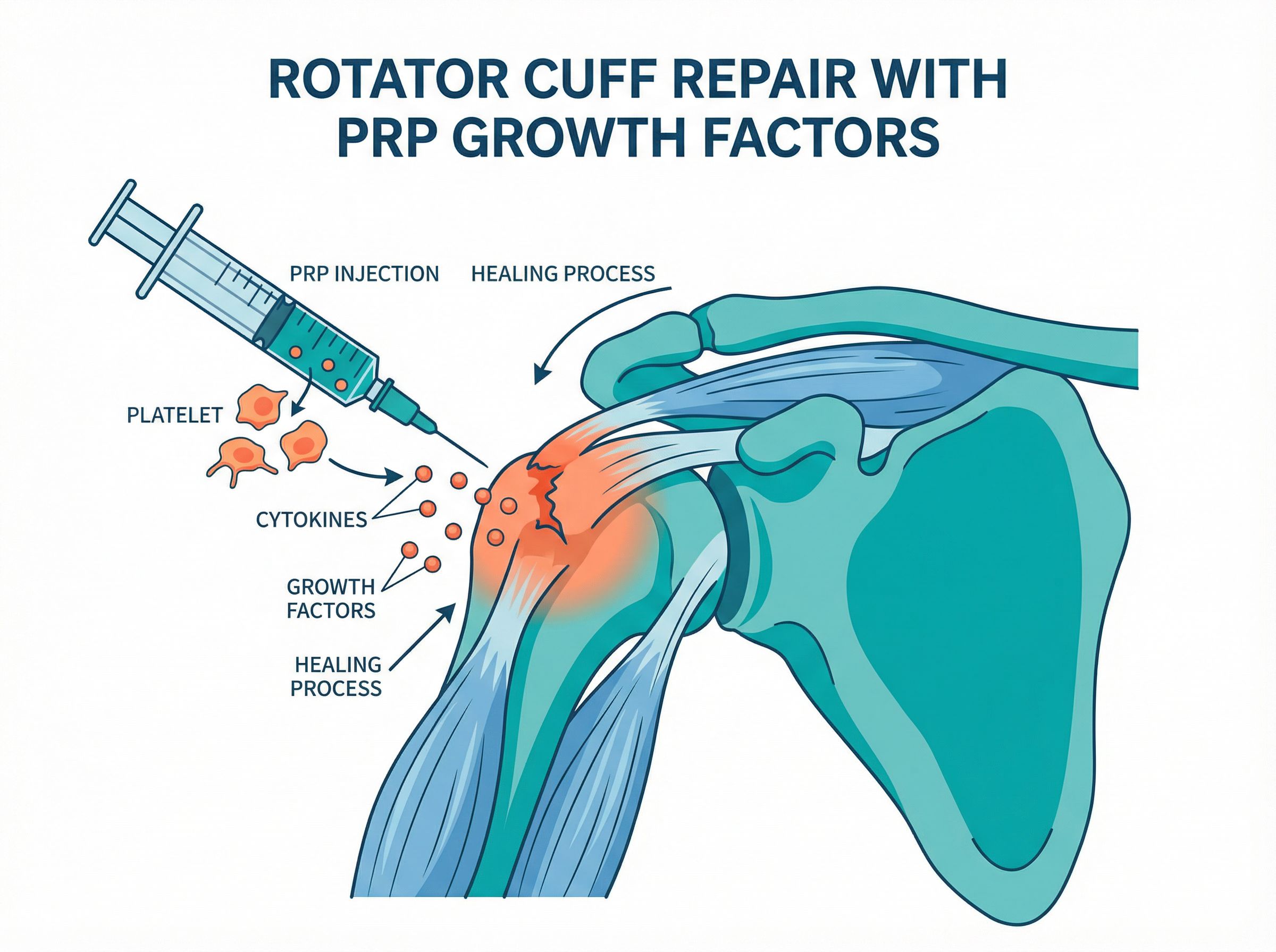 PRP growth factors stimulate tendon cell proliferation and collagen production in the damaged rotator cuff.