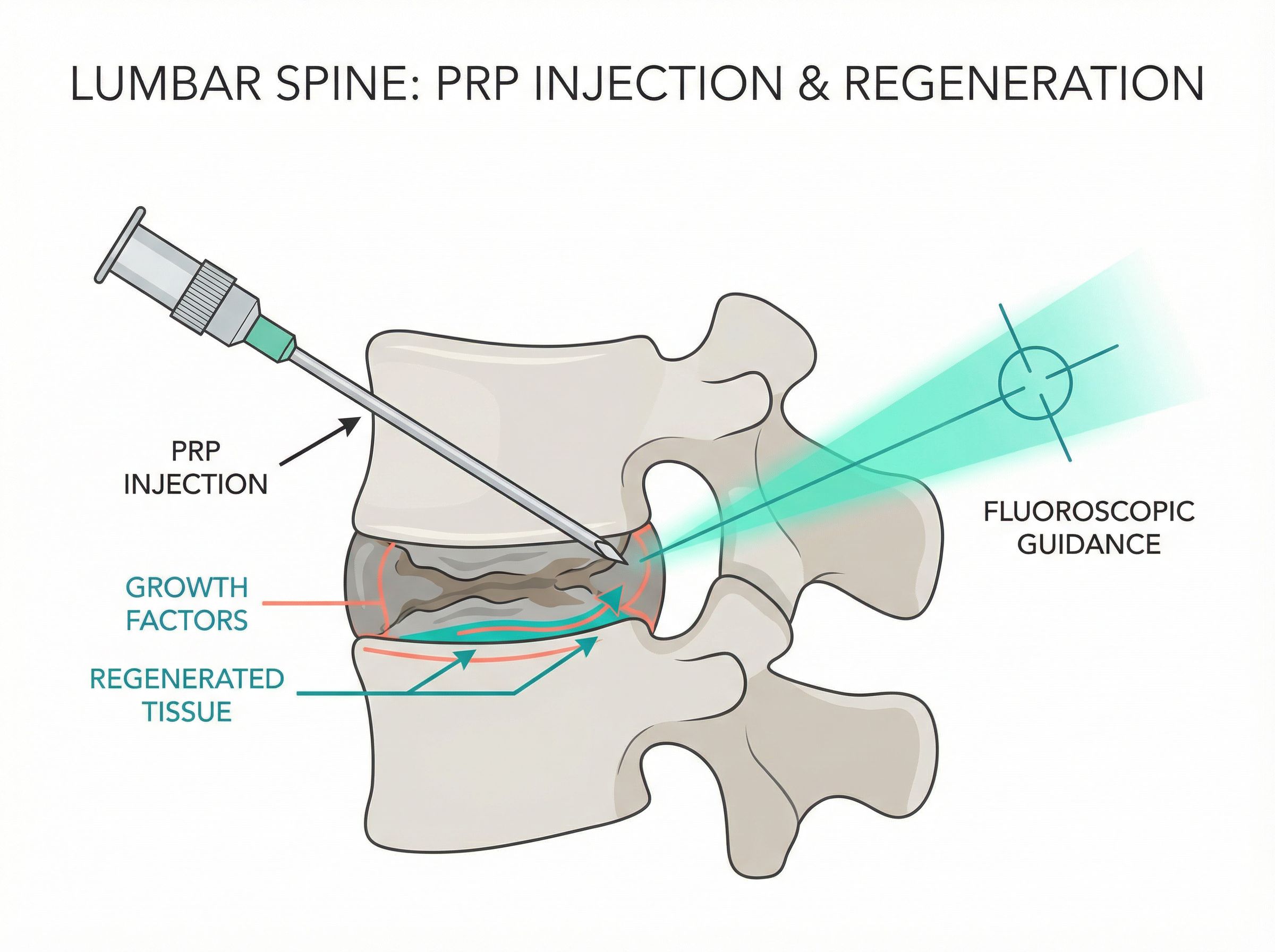 Intradiscal PRP injection targets the degenerative disc directly under fluoroscopic guidance.