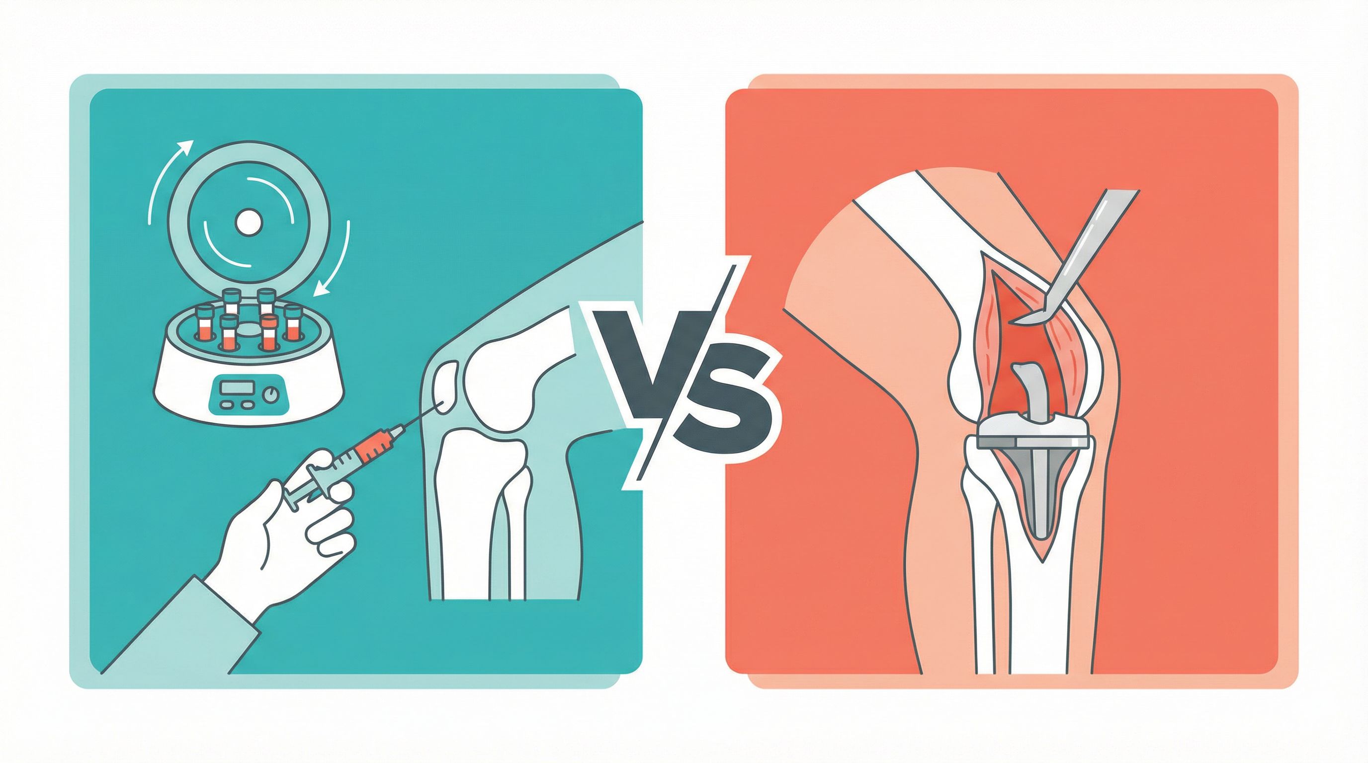 Comparing PRP therapy with total knee replacement for knee osteoarthritis treatment.
