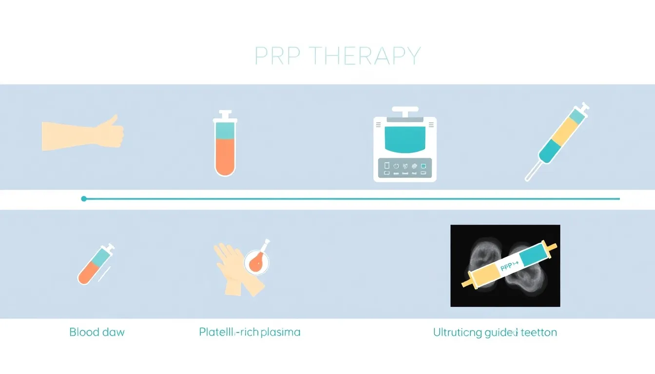 The four-step PRP preparation process: blood draw, centrifugation, platelet concentration, and ultrasound-guided injection into the Achilles tendon.