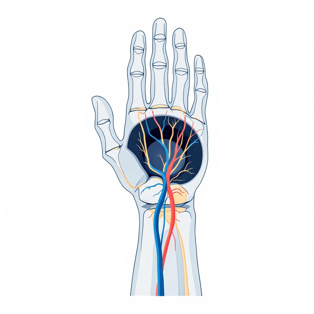 The median nerve passes through the narrow carpal tunnel alongside nine flexor tendons, compression here causes the hallmark numbness and tingling of CTS
