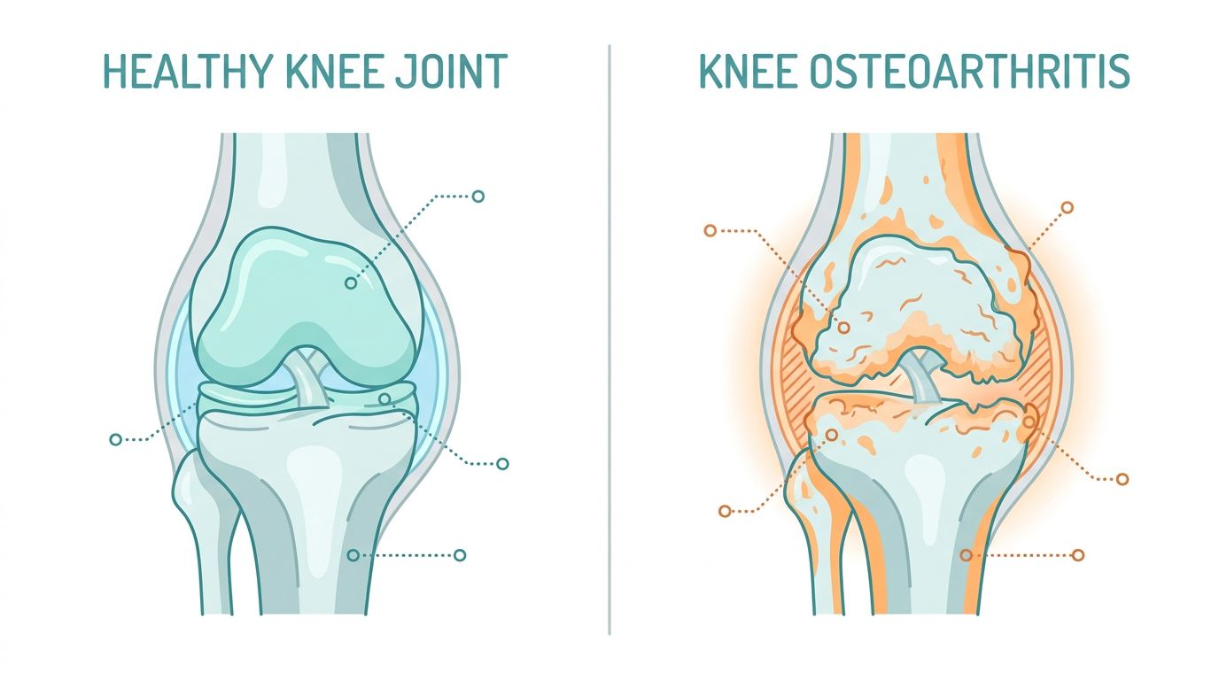 Healthy knee joint versus knee osteoarthritis showing cartilage wear and bone-on-bone contact