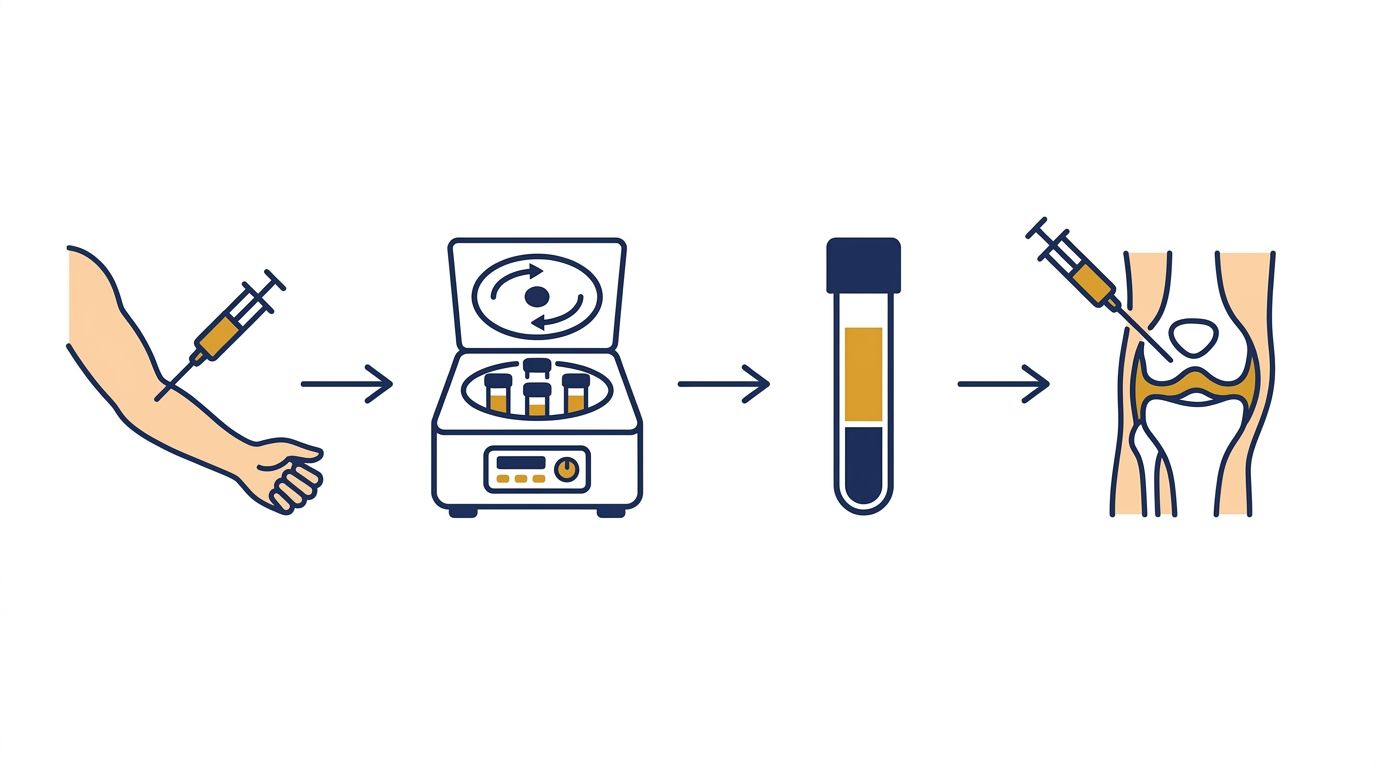Four-step PRP process: blood draw, centrifuge processing, platelet concentration, and knee injection