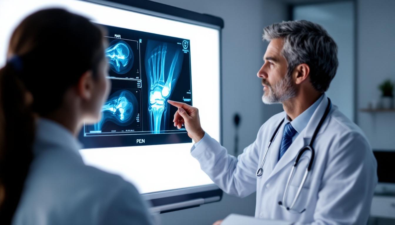 Orthopedic surgeon reviewing knee MRI with patient for PCL injury assessment